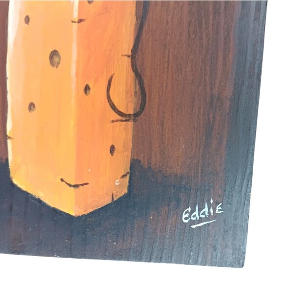 Mouse With Cheese And Wine Original Painting On Wood Signed Eddie Handpainted #2 - Picture 6 of 9